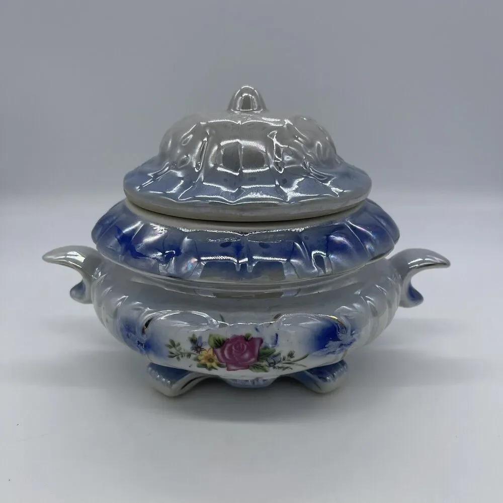 Vintage Lusterware Ceramic Bowl w/ Lid Blue & White